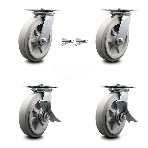 8 Inch Thermoplastic Rubber Swivel Caster Swivel Locks 2 Brakes SCC, 2PK
